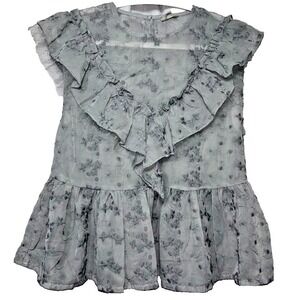 Pol Sheer Embroidered Floral Ruffle Peplum Blouse Grey Blue‎ Sleeveless HWT76A S